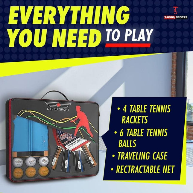 NIBIRU SPORT Professional Ping Pong Paddle Set – 2 or 4 Player Table Tennis Kit with Retractable Net, Balls, and Carry Bag