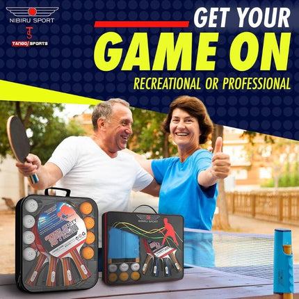NIBIRU SPORT Professional Ping Pong Paddle Set – 2 or 4 Player Table Tennis Kit with Retractable Net, Balls, and Carry Bag