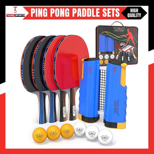 NIBIRU SPORT Professional Ping Pong Paddle Set – 2 or 4 Player Table Tennis Kit with Retractable Net, Balls, and Carry Bag