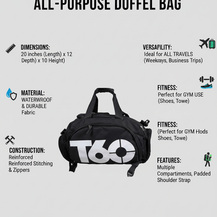 T60 Backpack 2 in 1 with Shoe Compartment - Black